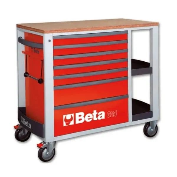 Метална количка празна с дървен плот и седем чекмеджета Beta Tools, червен цвят