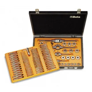  Комплект метчици, плашки и въртоци от хромирана стомана (110 бр) в дървена кутия, Beta Tools