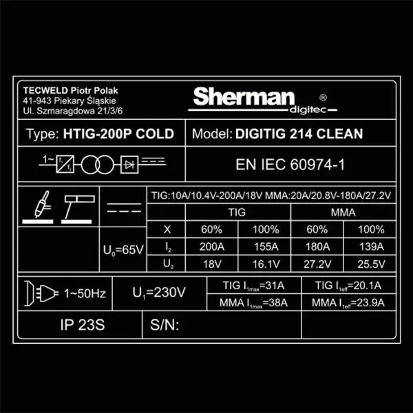 Инверторен ВИГ заваръчен апарат SHERMAN DIGITIG 214 CLEAN/ 200A
