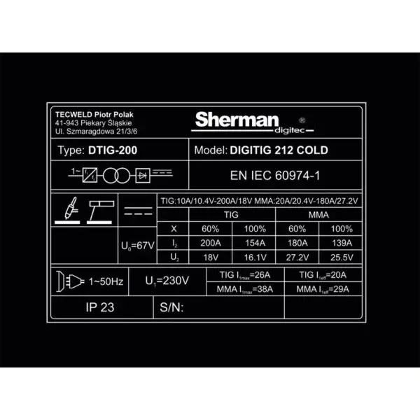 Инверторен ВИГ заваръчен апарат SHERMAN DIGITIG 212 COLD/ 200A