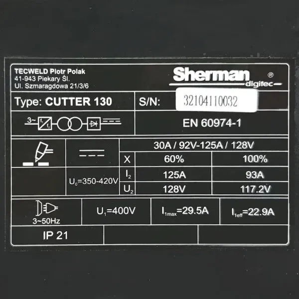Инверторна плазма SHERMAN CUTTER 130/ 20kVA
