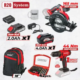Комплект акумулаторни бормашина и циркуляр с аксесоари Raider RDP-BXS2 R20/ 20V/ 2Ah/ 4Ah